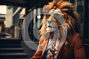 Dapper Lion with Vintage Eyewear Fashionably Dressed in the City. Generative AI