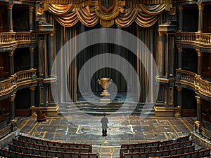 A dapper man is standing confidently in front of a grand stage in a prestigious theater, ready to accept an award for photo