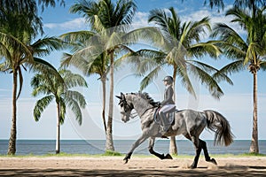 dappled grey horse with a rider, trotting past beachfront palm trees