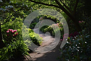 dappled light on serpentine path, with dreamy shades of blooming garden