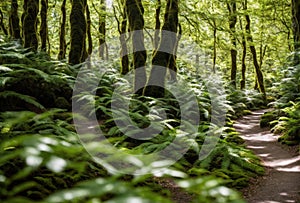 Dappled sunlight dances along the winding forest path, illuminating patches of moss and ferns, creating a magical and