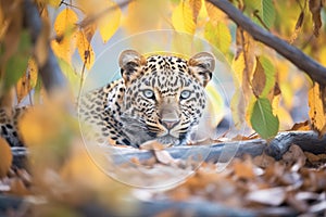 dappled sunlight on leopard lying among leaves