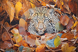 dappled sunlight on leopard lying among leaves