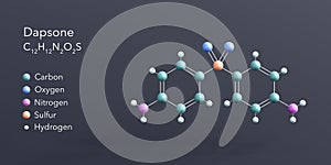 dapsone molecule 3d rendering, flat molecular structure with chemical formula and atoms color coding