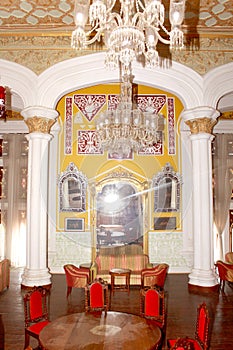 The darbar hall ornaments and furniture in the palace of bangalore.