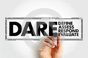 DARE - Define Assess Respond Evaluate acronym, Decision Making Model steps, business concept stamp