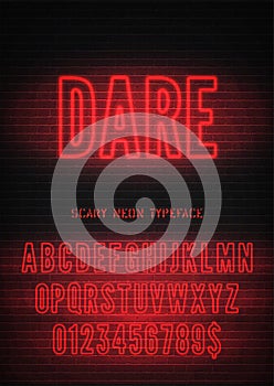 Dare night light glowing effect hollow font with numbers on dark brick background. Vector red neon alphabet