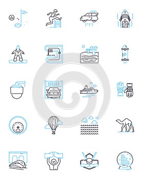 Daring excursion linear icons set. Adventure, Brave, Risky, Fearless, Thrilling, Intrepid, Bold line vector and concept