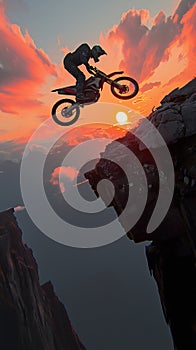 Daring mountain feat motorbike rider performs sunset stunt on rocky slope