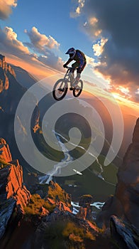 Daring mountain feat motorbike rider performs sunset stunt on rocky slope