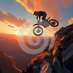 Daring mountain feat motorbike rider performs sunset stunt on rocky slope photo