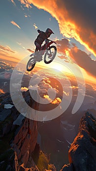 Daring mountain feat motorbike rider performs sunset stunt on rocky slope photo