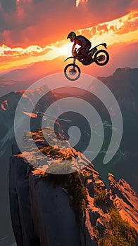 Daring mountain feat motorbike rider performs sunset stunt on rocky slope photo