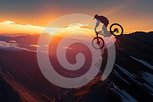 Daring mountain feat motorbike rider performs sunset stunt on rocky slope photo