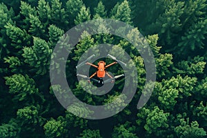 A daring pilot navigates a helicopter through a lush forest from an aerial viewpoint