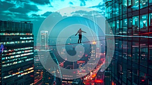 A daring silhouette tightrope walks between skyscrapers at dusk. A metaphor for risk and balance in a cityscape setting