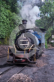 Darjeeling, West Bengal, India - Close up detail of steam engine toy train of Darjeeling Himalayan railway at station, Darjeeling