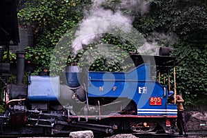 Darjeeling, West Bengal, India - Close up detail of steam engine toy train of Darjeeling Himalayan railway at station, Darjeeling