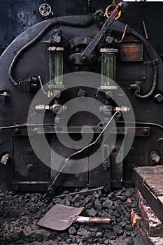 Darjeeling, West Bengal, India - Close up detail of steam engine toy train of Darjeeling Himalayan railway at station, Darjeeling