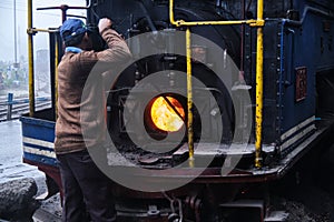 Darjeeling, West Bengal, India - Close up detail of steam engine toy train of Darjeeling Himalayan railway at station, Darjeeling