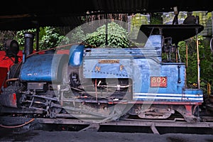 Darjeeling, West Bengal, India - Close up detail of steam engine toy train of Darjeeling Himalayan railway at station, Darjeeling