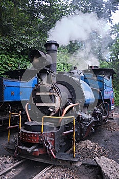 Darjeeling, West Bengal, India - Close up detail of steam engine toy train of Darjeeling Himalayan railway at station, Darjeeling