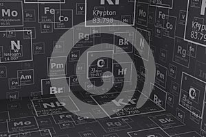 Dark 3d chemistry background of the elements of the periodic table, science and engineering background