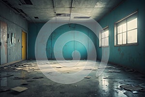 Dark abandoned room with blue walls and floor