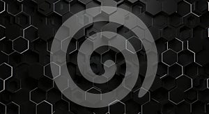 A dark, abstract background composed of interlocking hexagonal shapes