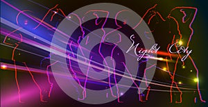 dark abstract background with neon outlines of dancing people. Nightlife