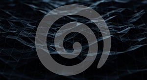 Dark abstract landscape featuring a digital 3D mesh of