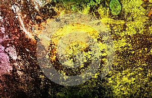 Dark Abstract Painting pink, yellow, Green Grunge Rusty Distorted Decay Old Texture for Autumn Background Wallpaper.