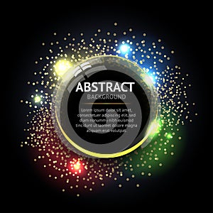 Dark Abstract ring background. Metal chrome shine round frame with light circles and spark light effect.