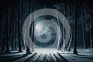 The dark, abstract winter forest background features a wooden floor, snow, and fog, with the moonlight illuminating the forest at