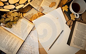 Dark academia aesthetic flat lay desk with Shakespeare sonnets surrounded by fallen autumn leaves photo