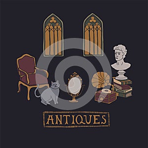 Dark Academia concept. Antique store collection