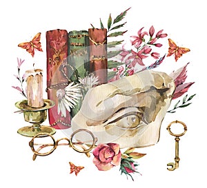 Dark academia floral vintage illustration. Greek sculpture David eye