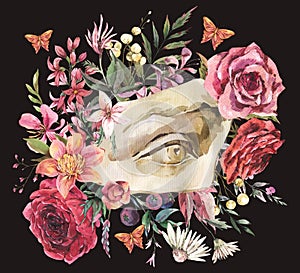 Dark academia floral vintage illustration. Greek sculpture David eye with dry flowers