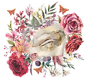 Dark academia floral vintage illustration. Greek sculpture David eye with dry flowers