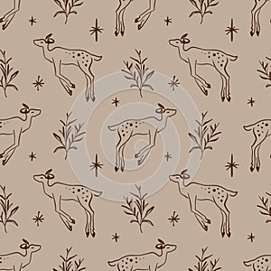 Dark Academia Line Art Baby Deer Seamless Pattern