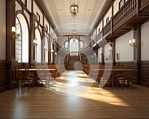 dark academia style hallway with a table and chrs.