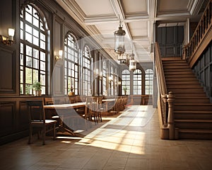 dark academia style hallway with a table and chrs.