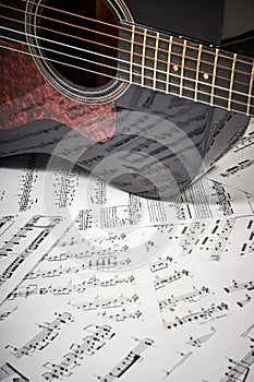 Acoustic guitar on a background sheet notes