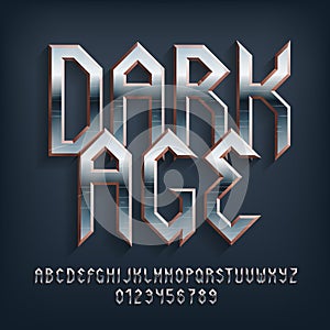 Dark Age alphabet font. Scratched metal vintage letters, numbers and symbols.