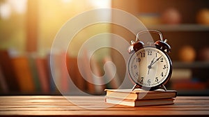 Dark alarm clock stands on top of a stack of books on a wooden table on library background with copy space, back to school concept