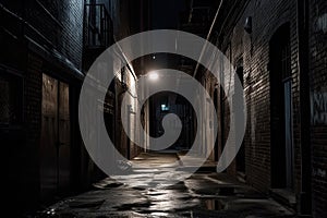 Dark alley with single street light, rubbish bag and warehouse doors.