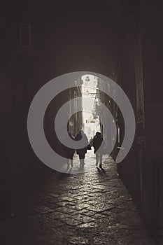 The dark alleys of the center of Naples, Italy