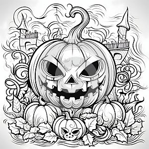 Dark angry jack-o-lantern pumpkin on the background of the castle, Halloween black and white picture coloring book