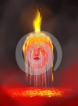Dark art illustration, metaphone. psychological burnout, headache and depression. girl that burns like a candle