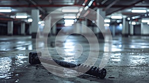 Dark Atmosphere Crime Scene, Crowbar on Wet Concrete Floor, Abandoned Parking Lot